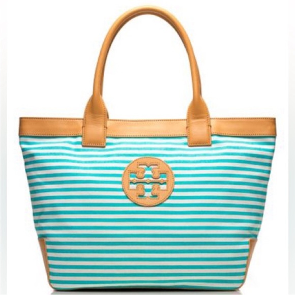 Tory Burch Handbags - Tory Sophia Canvas Burch Aqua and Tan Striped Tote